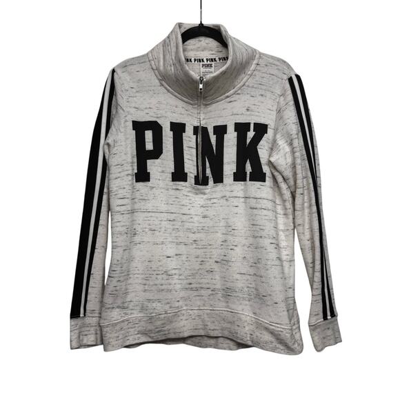 PINK Victoria’s Secret 1/4 Zip Pullover Sweatshirt Gray Black Stripes Sz Small - Picture 1 of 4